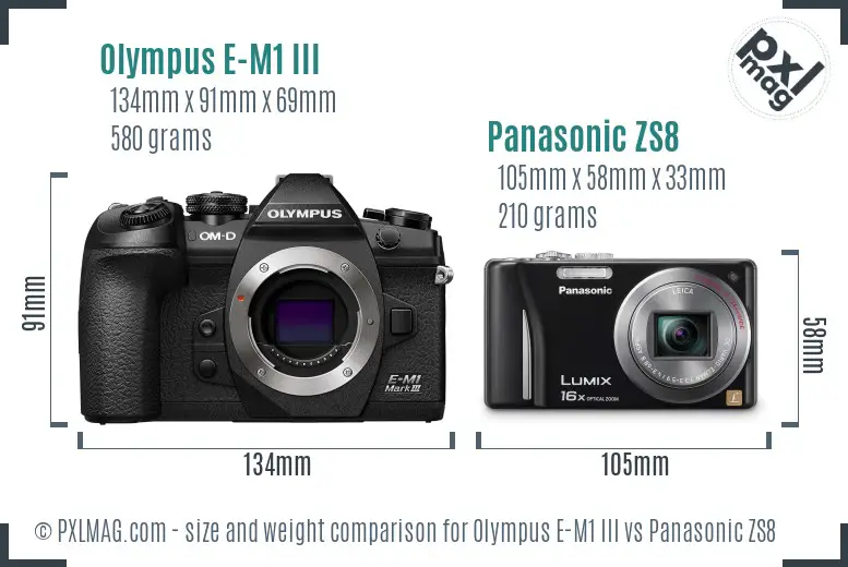 Olympus E-M1 III vs Panasonic ZS8 size comparison