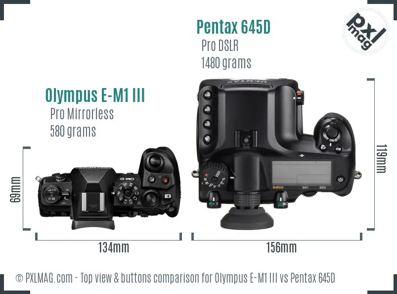Olympus E-M1 III vs Pentax 645D top view buttons comparison