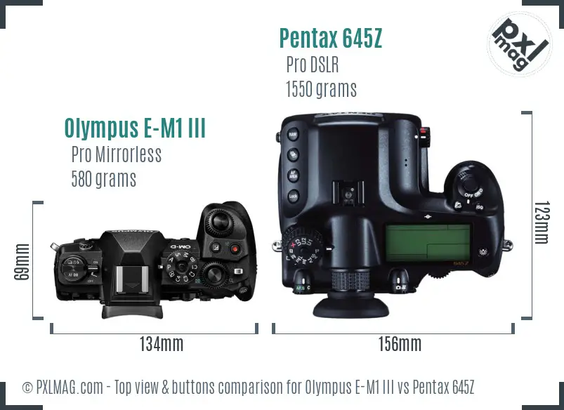 Olympus E-M1 III vs Pentax 645Z top view buttons comparison