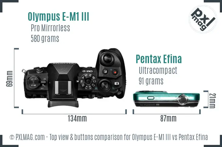 Olympus E-M1 III vs Pentax Efina top view buttons comparison