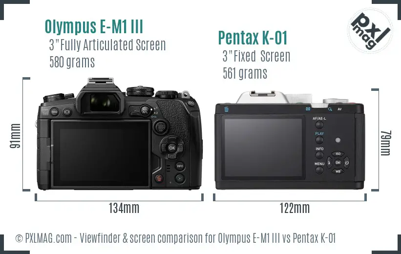 Olympus E-M1 III vs Pentax K-01 Screen and Viewfinder comparison