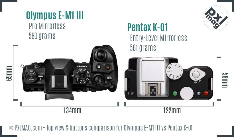 Olympus E-M1 III vs Pentax K-01 top view buttons comparison