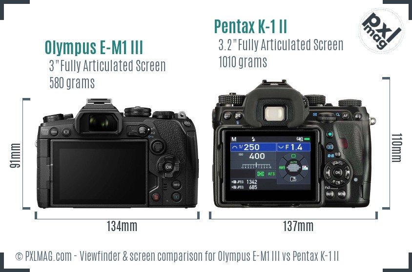 Olympus E-M1 III vs Pentax K-1 II Screen and Viewfinder comparison