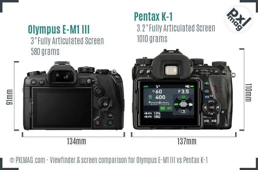 Olympus E-M1 III vs Pentax K-1 Screen and Viewfinder comparison