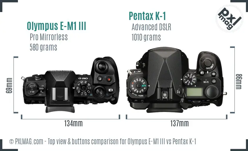 Olympus E-M1 III vs Pentax K-1 top view buttons comparison