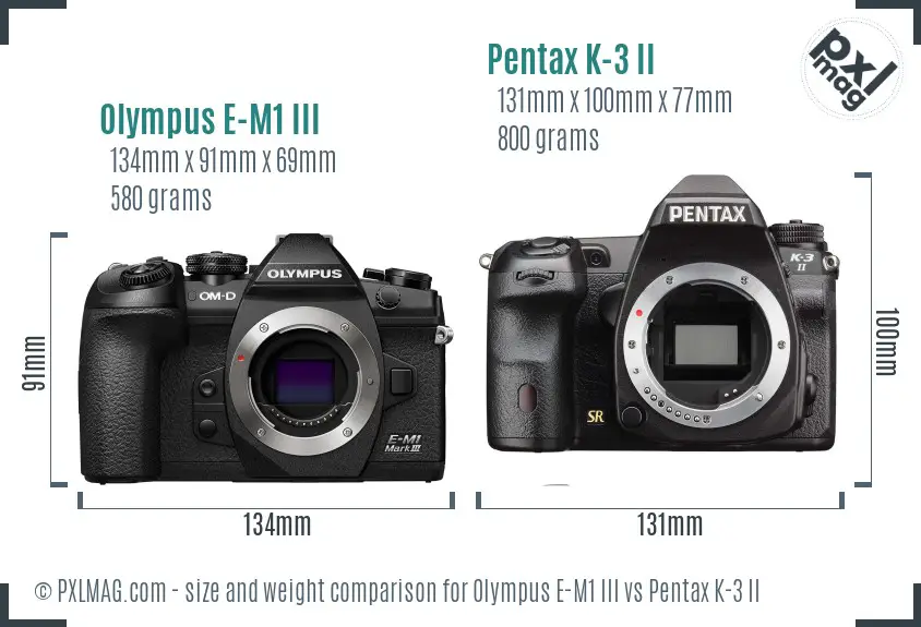 Olympus E-M1 III vs Pentax K-3 II size comparison