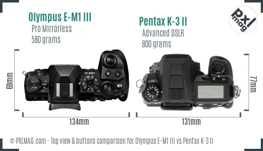 Olympus E-M1 III vs Pentax K-3 II top view buttons comparison