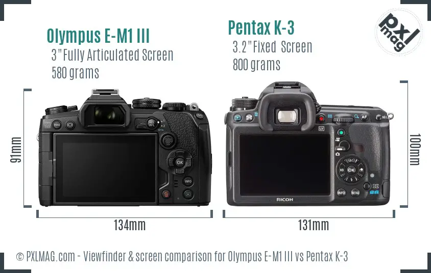 Olympus E-M1 III vs Pentax K-3 Screen and Viewfinder comparison