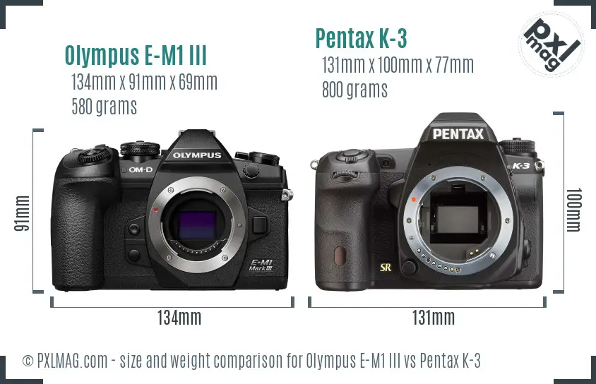 Olympus E-M1 III vs Pentax K-3 size comparison