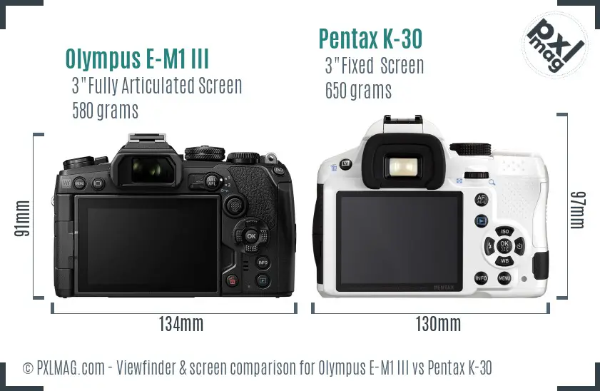 Olympus E-M1 III vs Pentax K-30 Screen and Viewfinder comparison