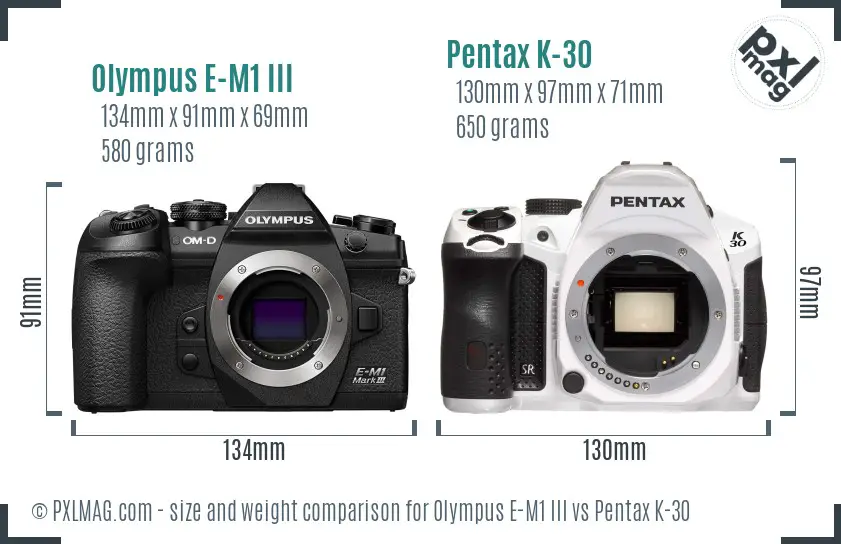 Olympus E-M1 III vs Pentax K-30 size comparison