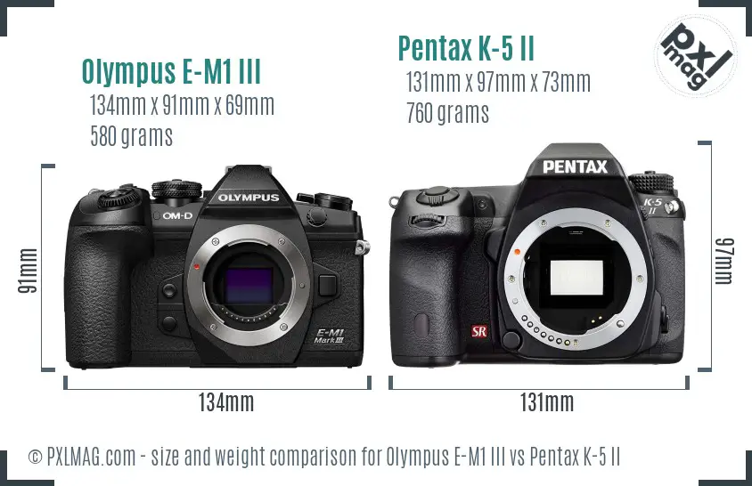 Olympus E-M1 III vs Pentax K-5 II size comparison