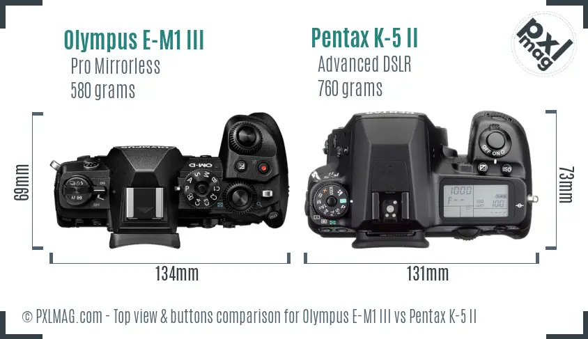 Olympus E-M1 III vs Pentax K-5 II top view buttons comparison