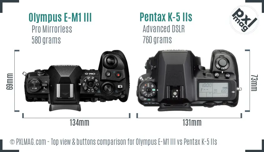Olympus E-M1 III vs Pentax K-5 IIs top view buttons comparison