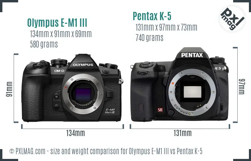 Olympus E-M1 III vs Pentax K-5 size comparison
