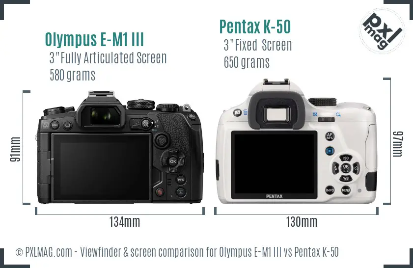 Olympus E-M1 III vs Pentax K-50 Screen and Viewfinder comparison