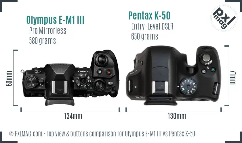 Olympus E-M1 III vs Pentax K-50 top view buttons comparison
