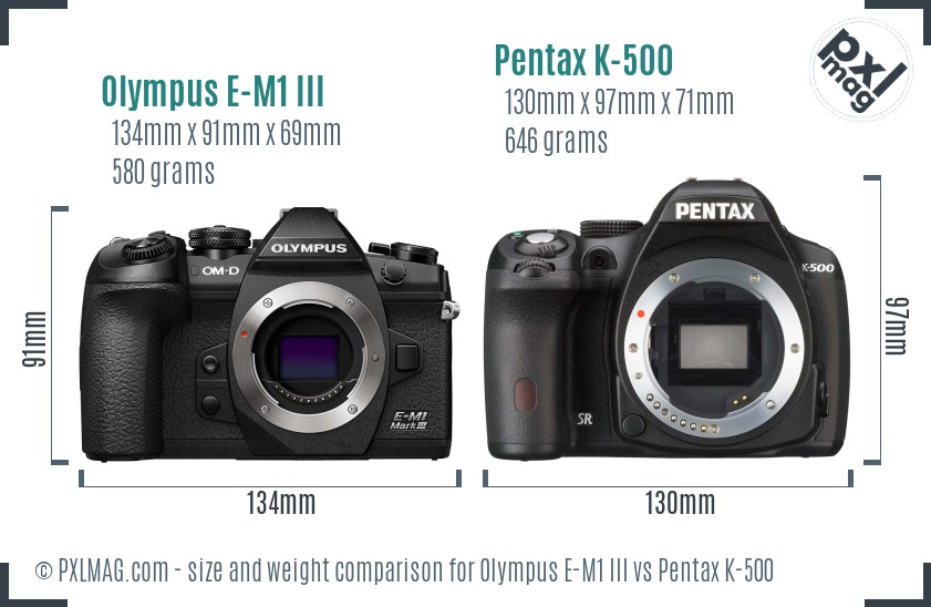 Olympus E-M1 III vs Pentax K-500 size comparison