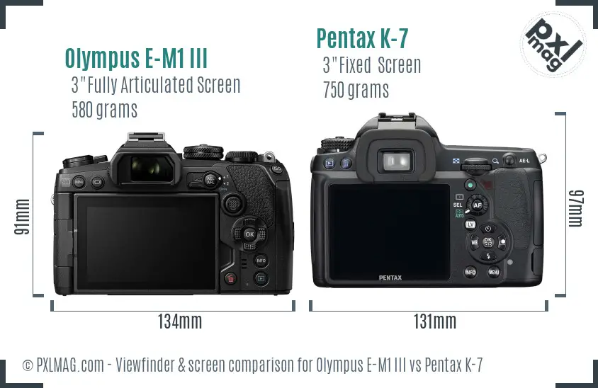 Olympus E-M1 III vs Pentax K-7 Screen and Viewfinder comparison