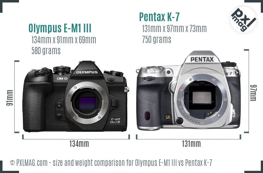 Olympus E-M1 III vs Pentax K-7 size comparison