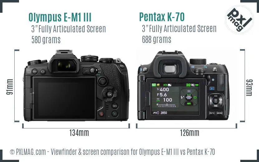 Olympus E-M1 III vs Pentax K-70 Screen and Viewfinder comparison