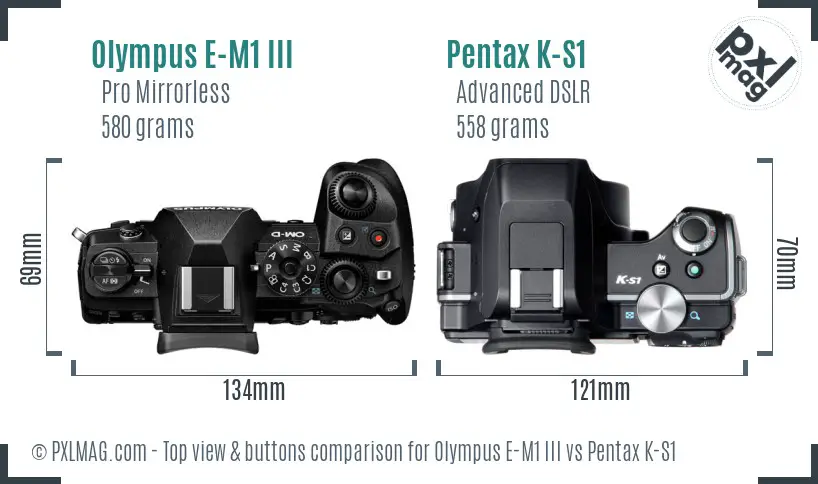 Olympus E-M1 III vs Pentax K-S1 top view buttons comparison