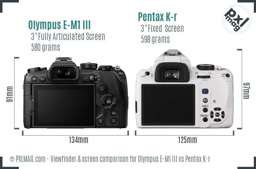 Olympus E-M1 III vs Pentax K-r Screen and Viewfinder comparison
