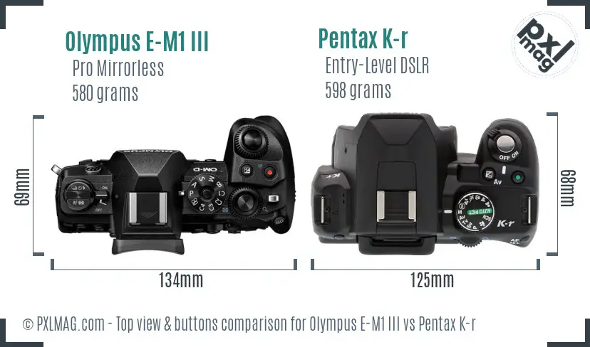 Olympus E-M1 III vs Pentax K-r top view buttons comparison