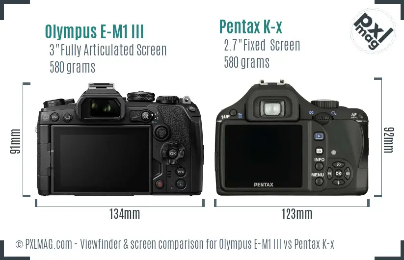 Olympus E-M1 III vs Pentax K-x Screen and Viewfinder comparison