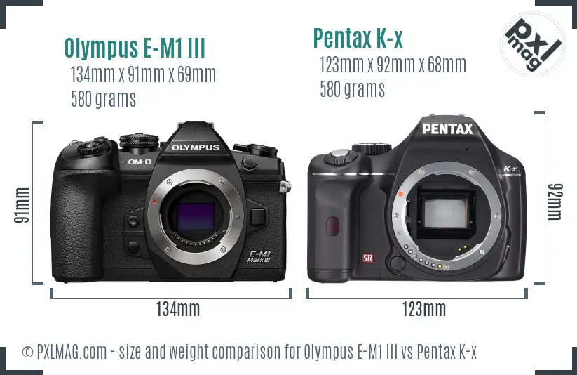 Olympus E-M1 III vs Pentax K-x size comparison