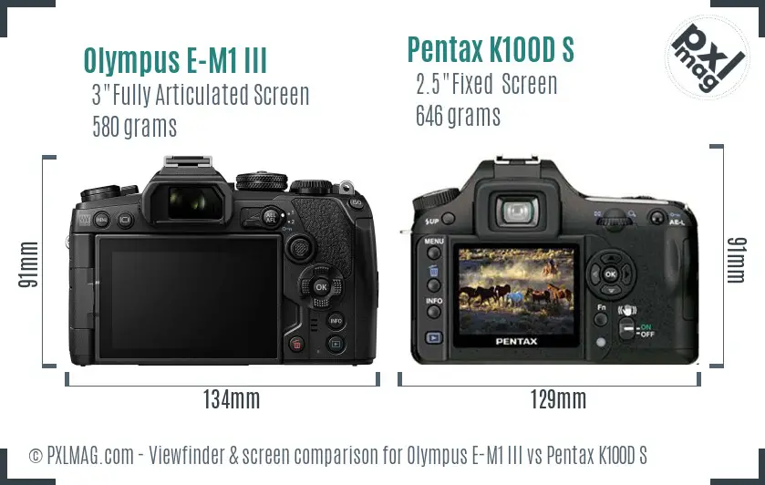 Olympus E-M1 III vs Pentax K100D S Screen and Viewfinder comparison