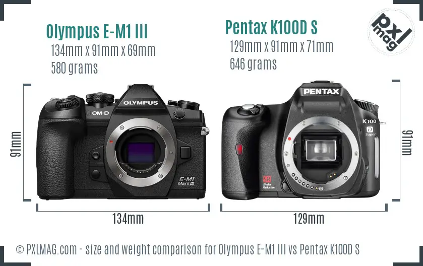 Olympus E-M1 III vs Pentax K100D S size comparison