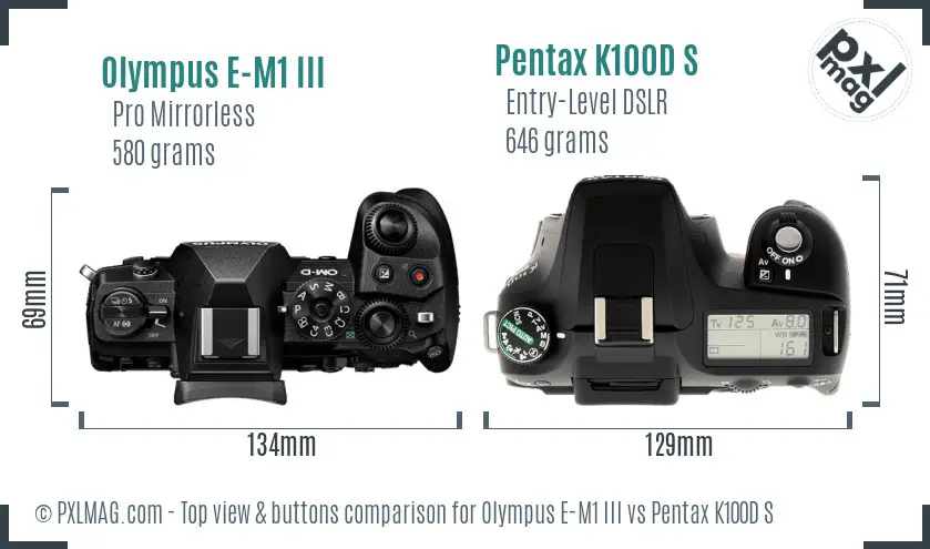 Olympus E-M1 III vs Pentax K100D S top view buttons comparison