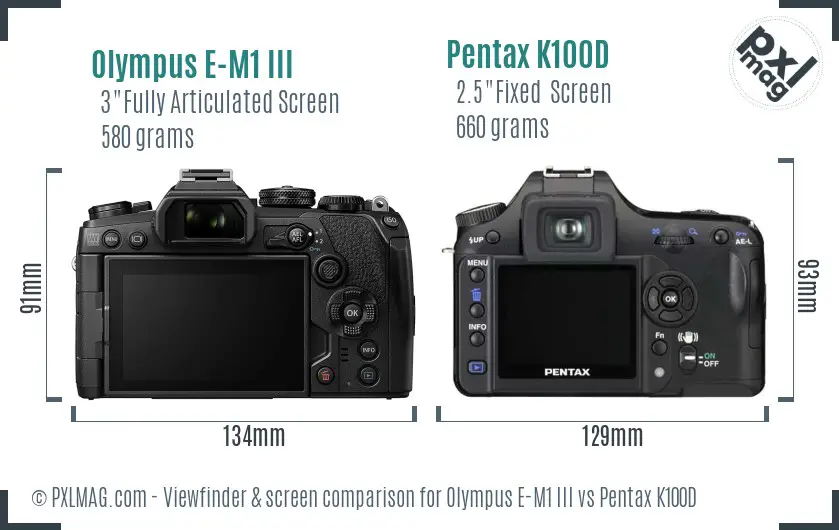 Olympus E-M1 III vs Pentax K100D Screen and Viewfinder comparison