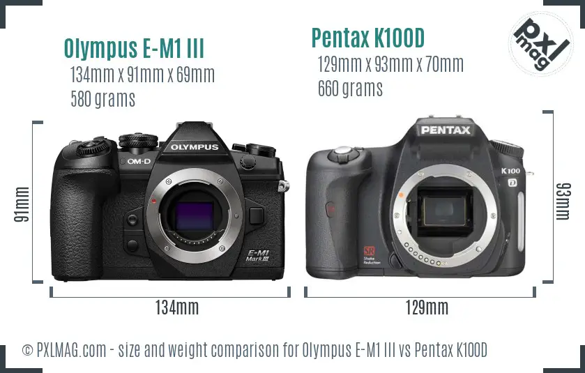Olympus E-M1 III vs Pentax K100D size comparison