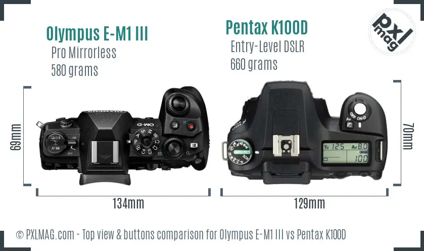 Olympus E-M1 III vs Pentax K100D top view buttons comparison