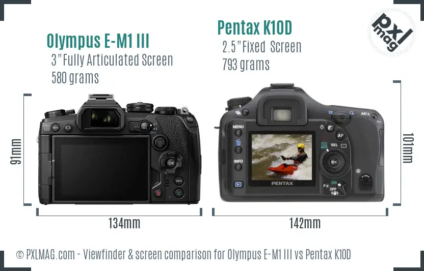Olympus E-M1 III vs Pentax K10D Screen and Viewfinder comparison