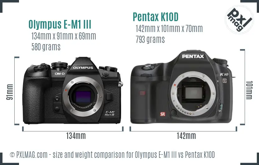 Olympus E-M1 III vs Pentax K10D size comparison