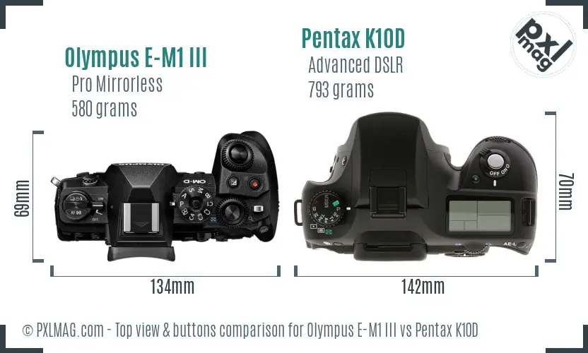 Olympus E-M1 III vs Pentax K10D top view buttons comparison