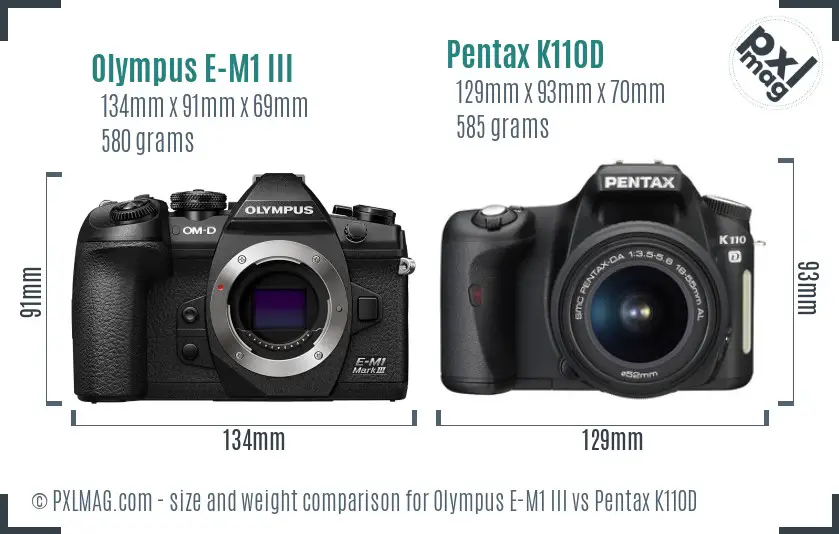 Olympus E-M1 III vs Pentax K110D size comparison