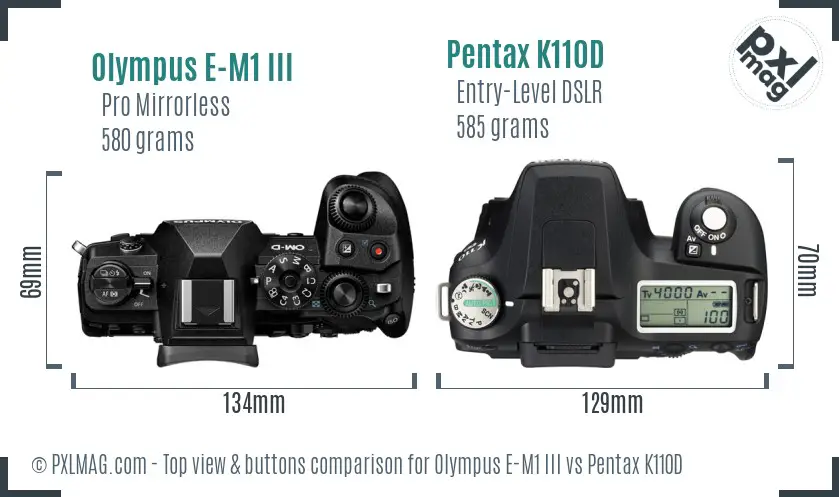 Olympus E-M1 III vs Pentax K110D top view buttons comparison