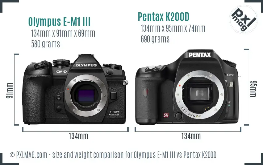 Olympus E-M1 III vs Pentax K200D size comparison