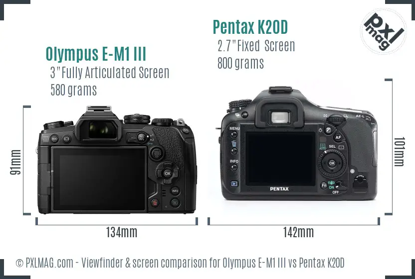 Olympus E-M1 III vs Pentax K20D Screen and Viewfinder comparison