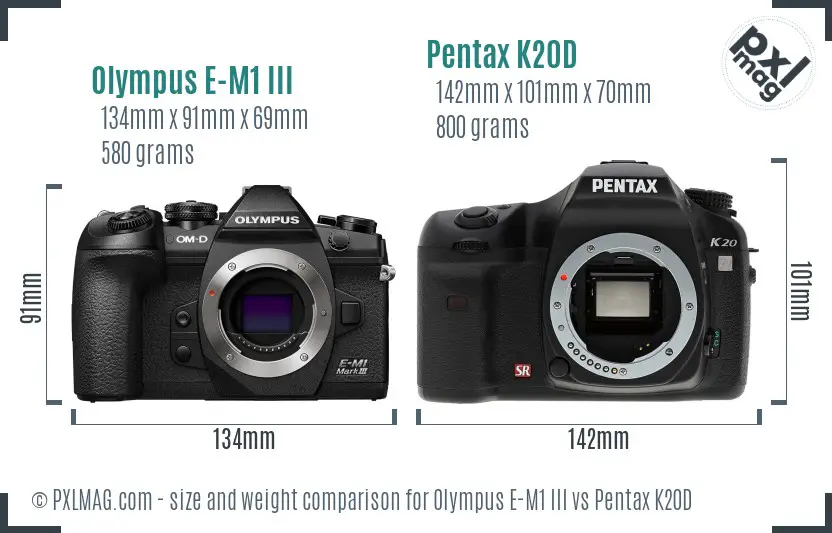 Olympus E-M1 III vs Pentax K20D size comparison