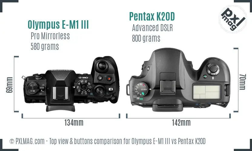 Olympus E-M1 III vs Pentax K20D top view buttons comparison