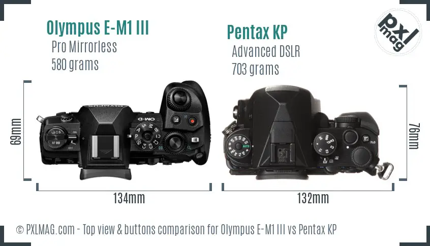 Olympus E-M1 III vs Pentax KP top view buttons comparison