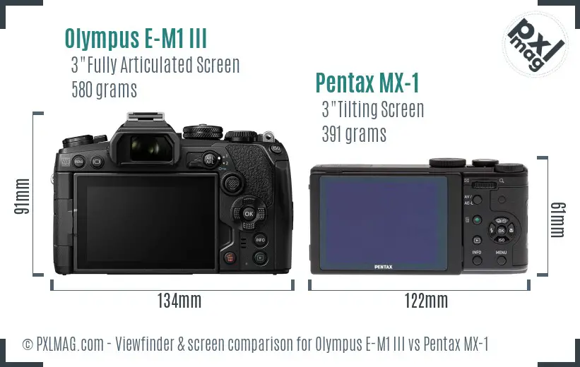 Olympus E-M1 III vs Pentax MX-1 Screen and Viewfinder comparison