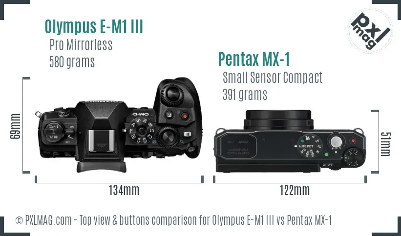 Olympus E-M1 III vs Pentax MX-1 top view buttons comparison
