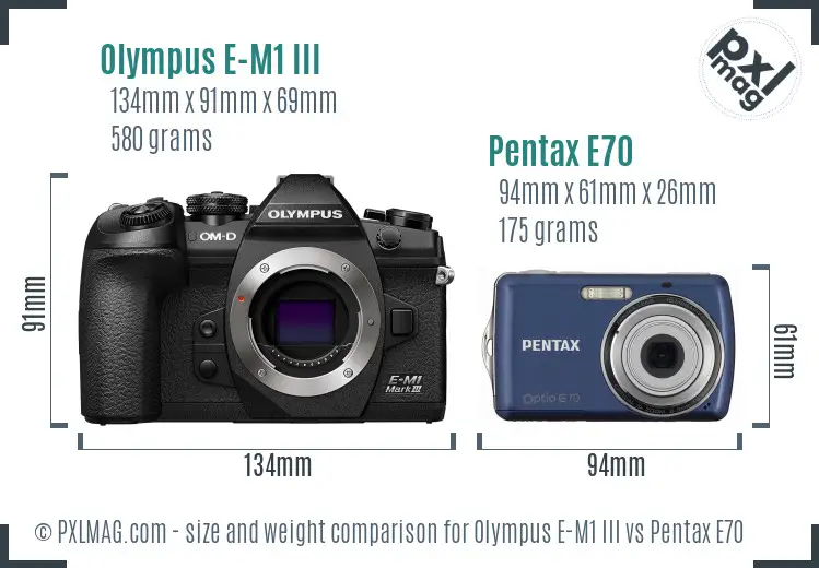 Olympus E-M1 III vs Pentax E70 size comparison