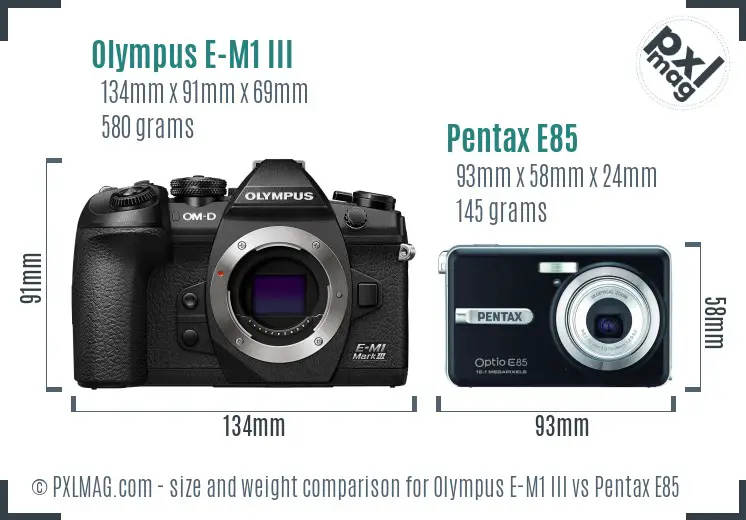 Olympus E-M1 III vs Pentax E85 size comparison